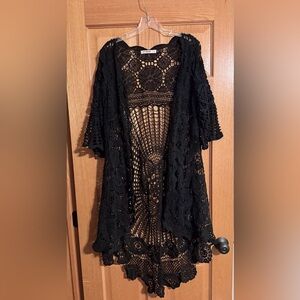 ORIGAMI by Vivian Bohemian Black Crochet Cardigan Duster Wrap